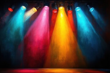 Colorful stage spotlights shining down in a dark environment creating vibrant multi-colored beams of light in red, yellow, and blue hues
