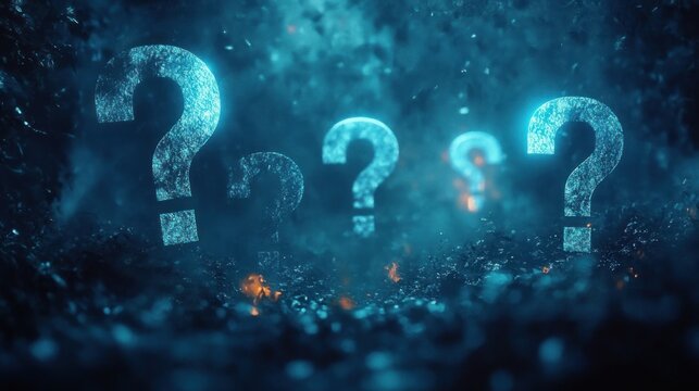 Glowing blue question marks floating in a dark misty foggy environment symbolizing mystery and curiosity