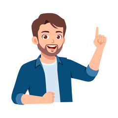 Happy Man Pointing Upward, Cheerful Expression, Demonstrating Idea, Cartoon Character