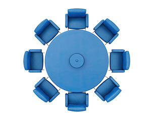 Overhead view of a round blue conference table with eight blue chairs arranged symmetrically around it