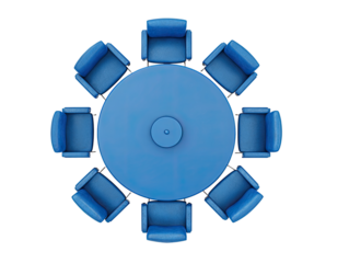 Overhead view of a round blue conference table with eight blue chairs arranged symmetrically around it