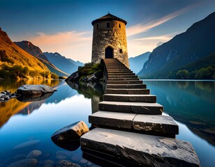 Ancient stone tower on a lake, sunrise