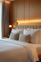 Cozy modern bedroom interior with neatly made bed featuring white linens and beige pillows, soft lighting, wooden paneling, and a bedside lamp with curtain