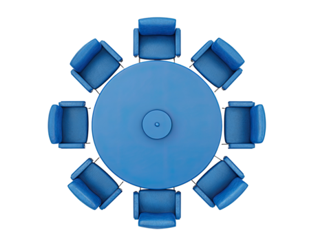 Overhead view of a round blue conference table with eight blue chairs arranged symmetrically around it