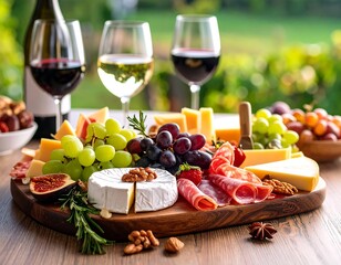 Gourmet cheese and charcuterie board outdoors