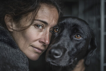 Sad woman comforting a lonely black dog in an animal shelter, emotional support and connection in a kennel environment