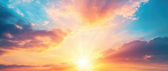 Fototapeta premium Breathtaking sky with sun rays streaming through clouds, vibrant orange and pink hues, creating a magical, awe - inspiring, and visually stunning atmosphere.