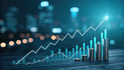 Financial Growth Concept with Graph and Coins in Modern Cityscape