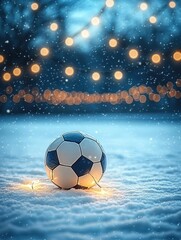 Naklejka premium A soccer ball resting on snow illuminated by warm string lights with falling snowflakes and a blurred dark blue winter background, evoking a calm and cozy feeling