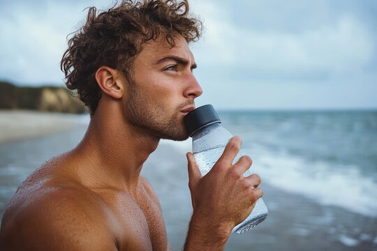 Young man drinking water from a bottle on the beach with a thoughtful expression and wet skin during an overcast day