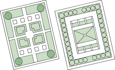 Two garden designs with green planting areas and pathways