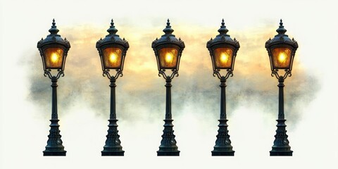 Row of five antique black street lamps glowing warmly against a misty pale sky backdrop, evoking a vintage and peaceful evening atmosphere
