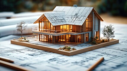 Detailed architectural model of a modern two-story house with large windows illuminated from inside, surrounded by miniature trees and landscaping on blueprint sheets