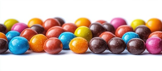 Close-up of colorful round candy coated chocolates scattered on a white surface bright and vibrant