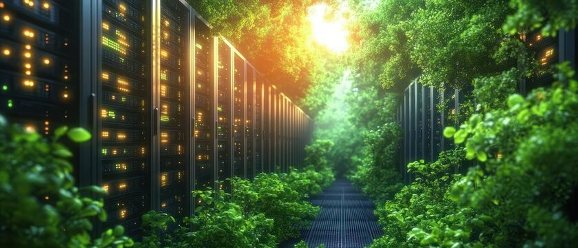 Sunlit pathway between rows of illuminated server racks surrounded by lush green foliage symbolizing technology and nature integration