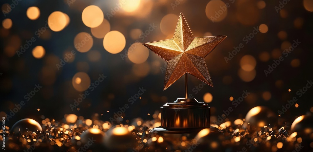 Poster golden star trophy standing on a reflective surface surrounded by sparkling golden particles and sof