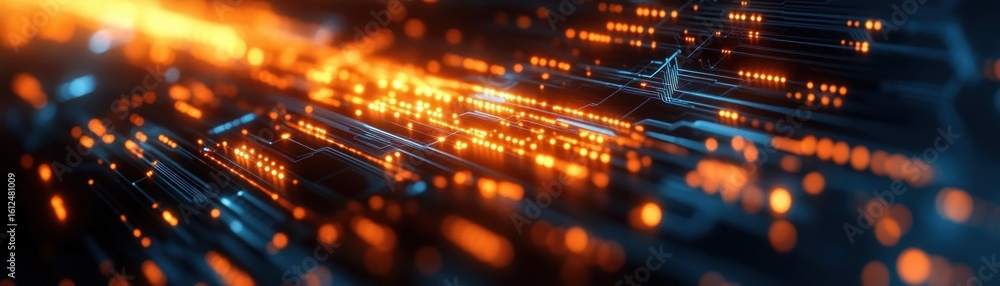 Aufkleber close-up view of electronic circuit board with glowing orange lights and blue highlights creating a 