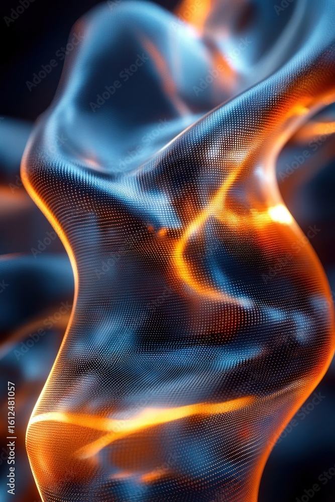 Poster abstract flowing mesh structure with glowing orange and blue light accents creating a dynamic, futur