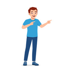 Smiling Young Man Pointing Sideways with Both Hands in Casual Blue Outfit Illustration