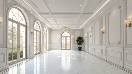 Naklejka premium Elegant White Interior with Large Windows and Modern Chandelier