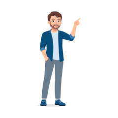 Smiling man pointing finger standing with hand in pocket illustration