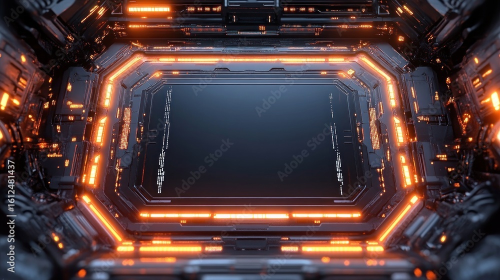 Poster futuristic dark metallic hexagonal tunnel with glowing orange lights creating a high-tech sci-fi atm