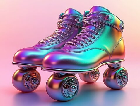 pair of shiny iridescent roller skates with a metallic rainbow finish on a soft pink background