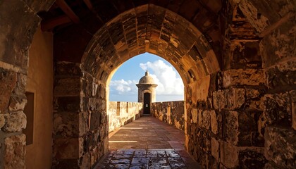 Ancient stone walkway leading to a watchtower