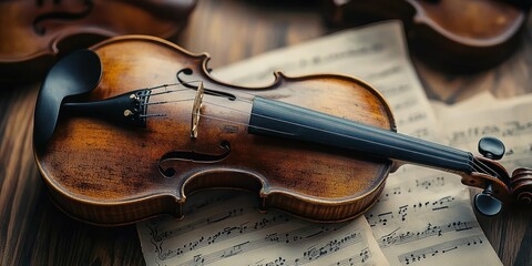 Close-up of a wooden violin resting on scattered musical score sheets on a wooden surface, evoking a sense of classical music and artistic craftsmanship
