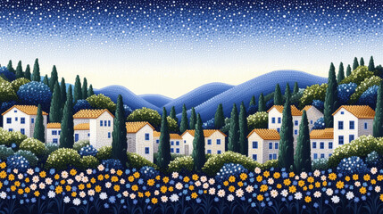 Charming village with white houses and orange roofs is nestled among lush greenery and vibrant flowers starry night sky. serene landscape is framed by rolling hills and tall trees, creating