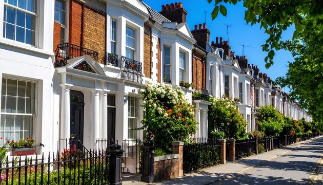Charming Victorian Row Houses with Lush Gardens on a Sunny Day in London England - Powered by Adobe