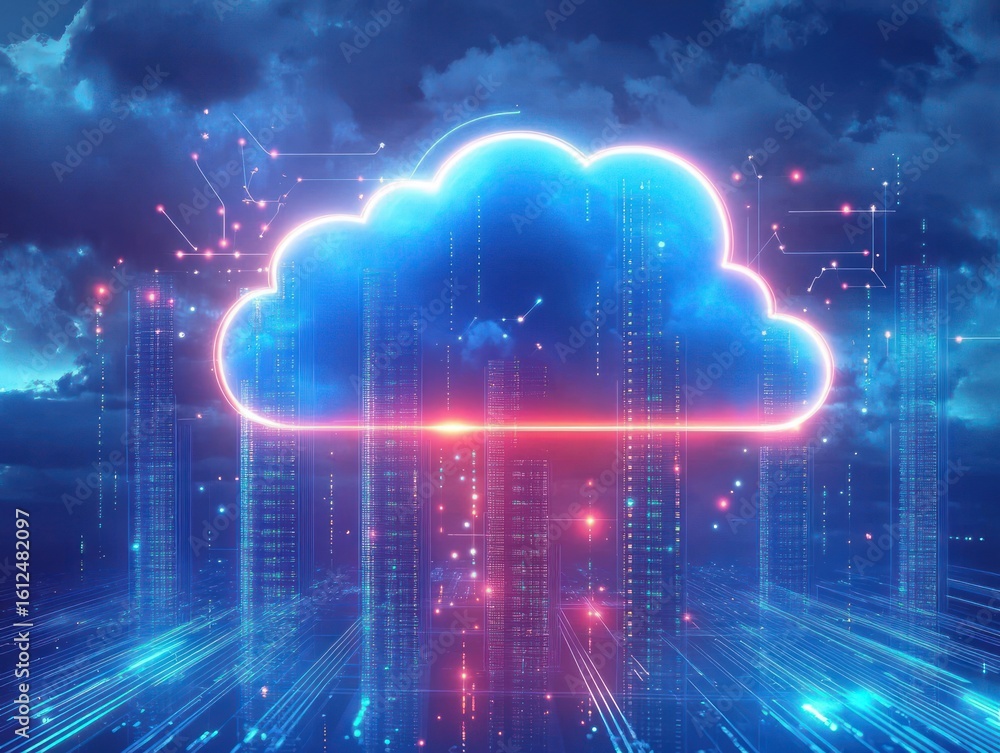 Poster glowing neon cloud symbol hovering above futuristic digital cityscape with bright data streams and g
