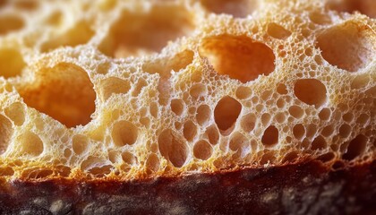 Close-up macro photograph of a porous, golden brown bread crust showing detailed textures and airy bubbles, evoking warmth and freshness