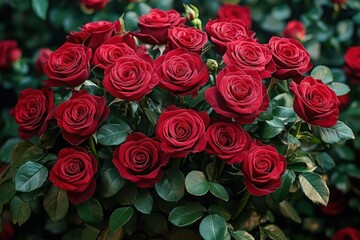 Obraz premium Bouquet of vibrant red roses in full bloom surrounded by dark green leaves evoking feelings of romance and natural beauty