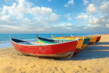 Fototapeta premium Row of colorful wooden boats resting on sandy beach under a bright blue sky with scattered clouds, evoking calm and peaceful seaside atmosphere