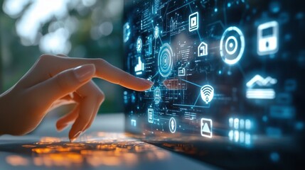 Close-up of a hand interacting with a futuristic transparent digital interface screen displaying various technology and data icons with a dark blurred background