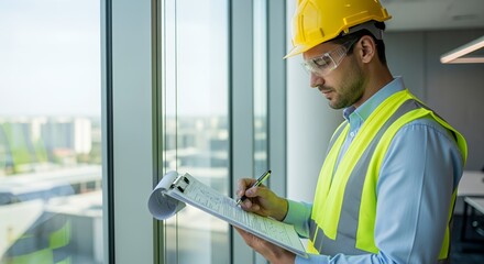 A construction worker carefully reviews documents while standing near a large window overlooking a city.