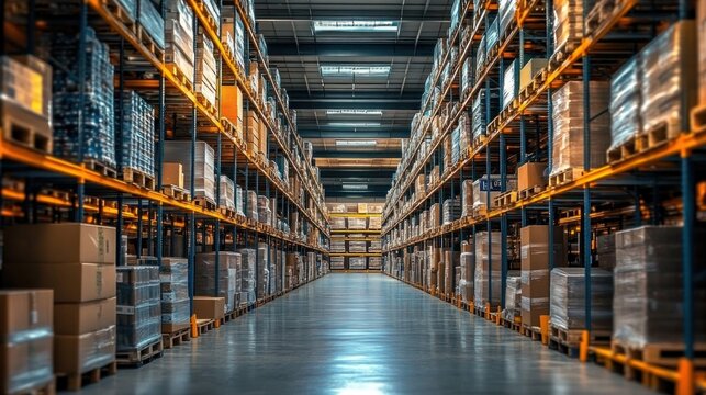 Spacious and well-organized warehouse aisle with tall racks fully stocked with pallets of boxed goods under bright overhead lighting