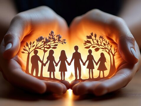 Hands gently holding paper cutout figures of a family holding hands with trees on each side illuminated by warm glowing light representing care and protection