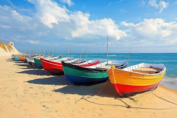 Naklejka premium Colorful wooden boats lined up on a sandy beach next to calm blue ocean under a partly cloudy sky during daytime