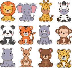 Obraz premium Illustration of twelve cartoon baby animals sitting: lion, elephant, giraffe, zebra, panda, tiger, rhino, monkey, hippo, kangaroo, bear, and cheetah.