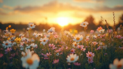 Fototapeta premium Field of colorful wildflowers blooming at golden sunset with warm sunlight and soft glowing atmosphere
