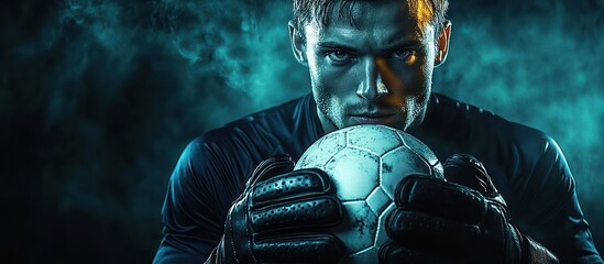 Focused soccer goalkeeper holding a worn soccer ball with intense gaze surrounded by misty dark background
