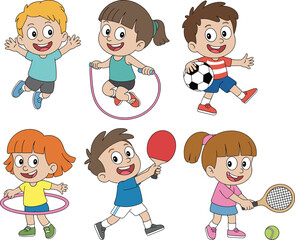 Children playing soccer, jumping rope, table tennis, tennis, and hula hoop, active outdoor fun, healthy lifestyle illustration, cartoon sports conceptPrint