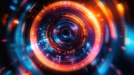 Obraz premium Vibrant glowing concentric circular tunnel with dynamic light trails in orange, blue, and purple hues creating a futuristic and energetic atmosphere