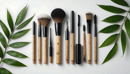 Flat lay of eco-friendly makeup brushes and mascara arranged symmetrically on a clean white background, with fresh green leaves on both sides
