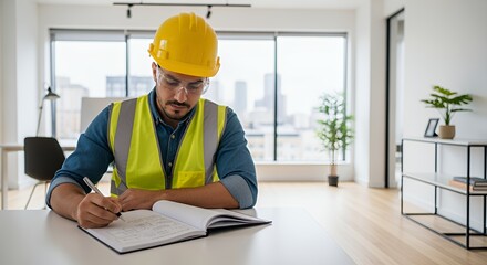 A construction worker in a yellow hard hat and safety vest meticulously reviews documents at his desk in a modern .