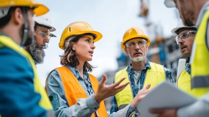 Construction Team Meeting Diverse Group of Engineers and Architects Collaborating on Project