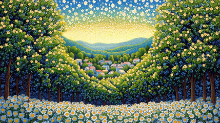 Vibrant landscape painting depicts village nestled among lush green hills, surrounded by forest of trees with white and yellow flowers. sky is bright yellow, creating warm and inviting atmosphere
