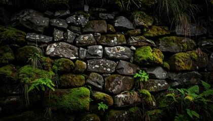 Ancient stone wall covered in moss